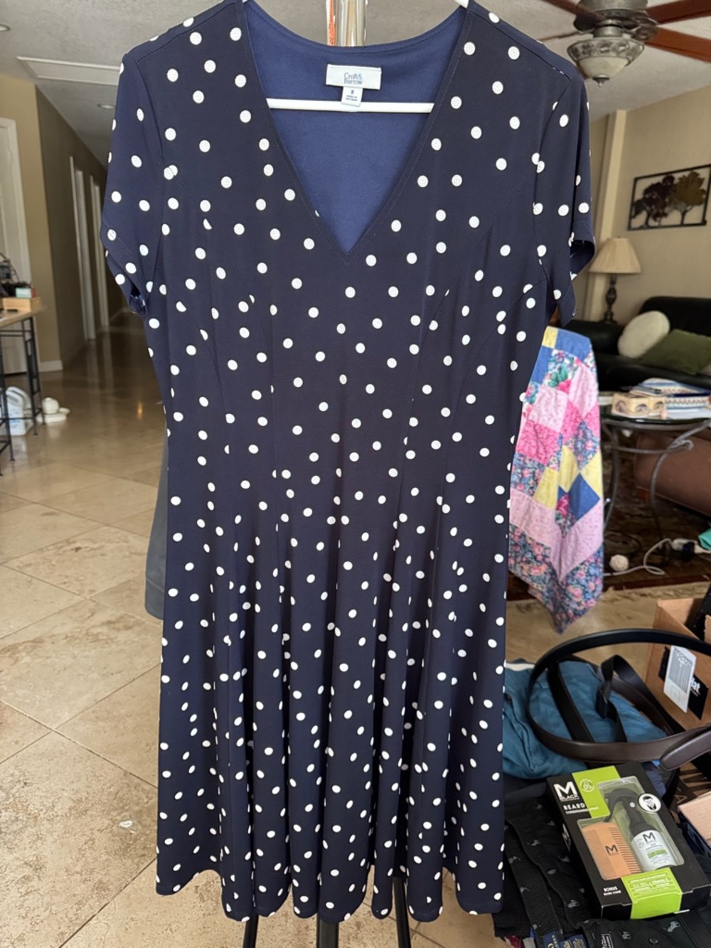 croft & barrow Navy and White Polka Dot V‑Neck Midi Dress